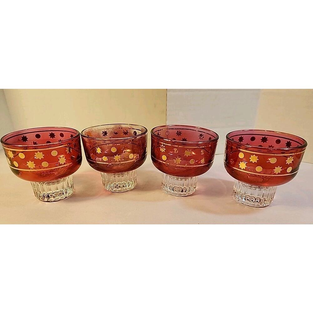 4 Vintage Cranberry Flashed Red Gold & Star Cordials/Cups Italy